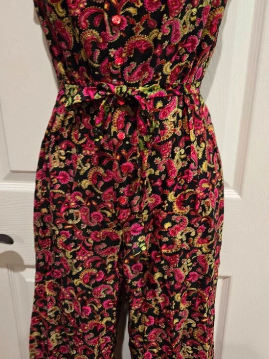 Vintage 1960s Pink & Green Paisley Sleeveless Jumpsuit Size Small - Picture 9 of 13